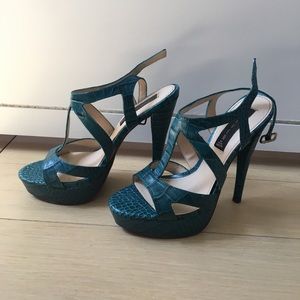 Turquoise Croc Embossed Strappy Pumps